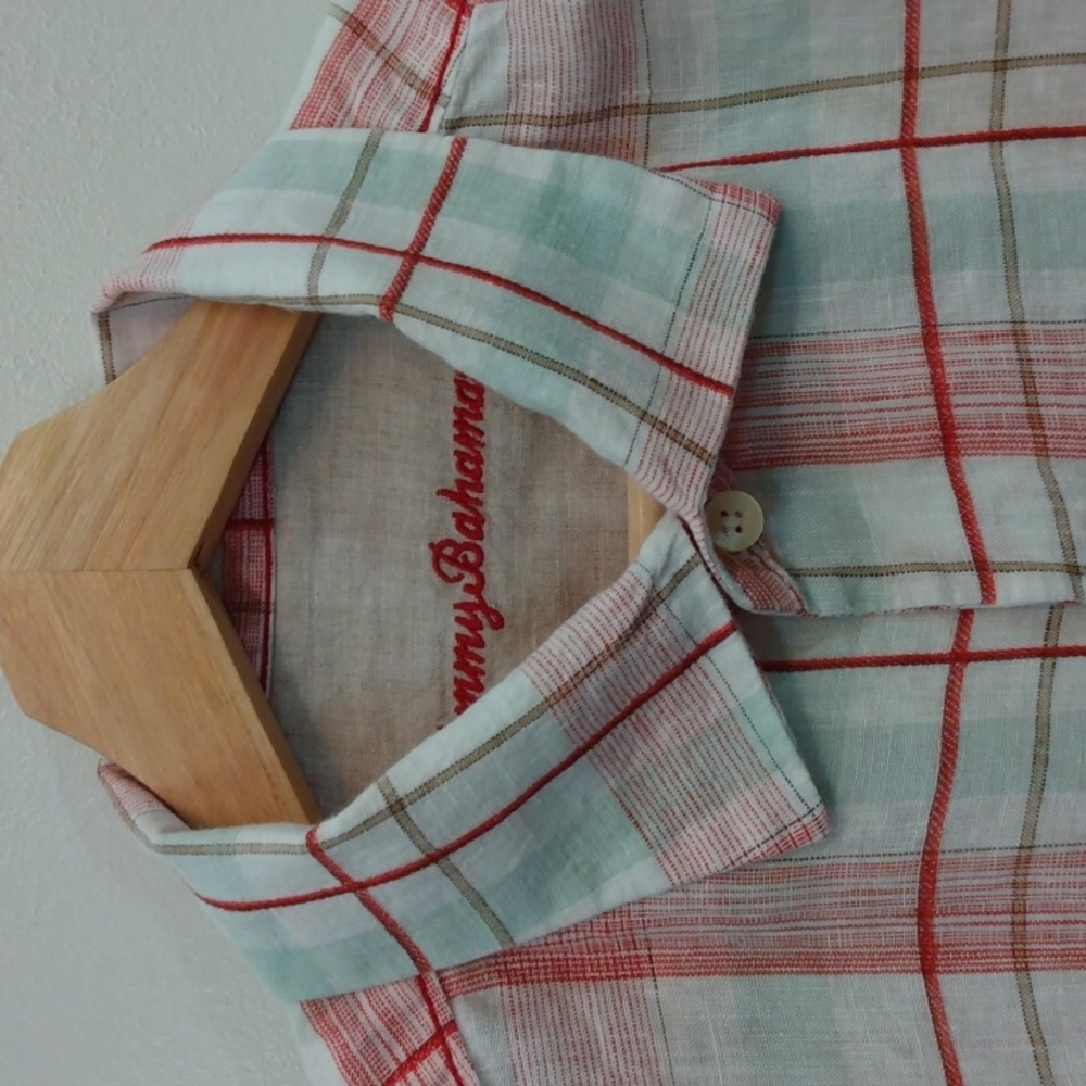 Tommy Bahama Large Red/Green/White Plaid Linen Shirt